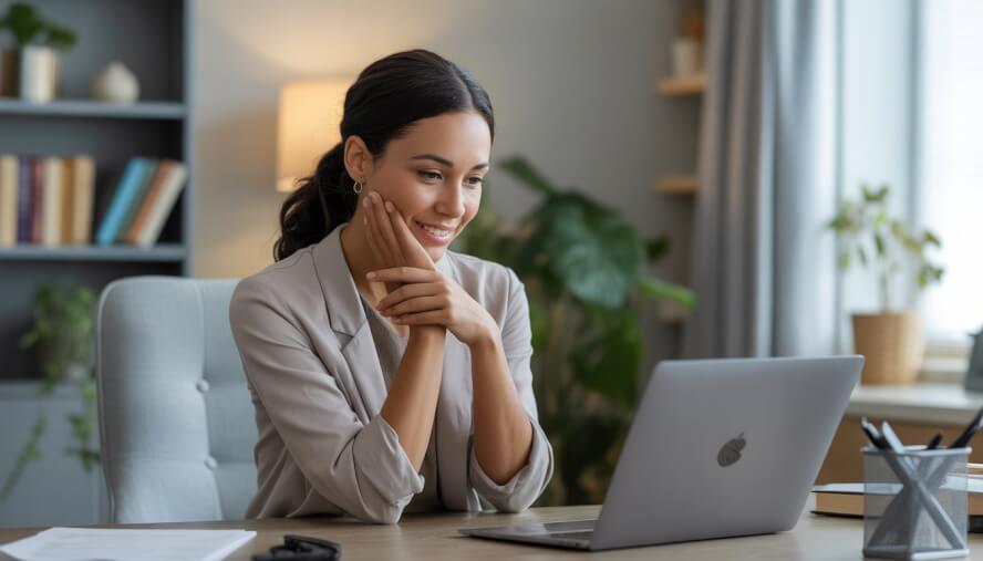 A female therapist attentively conducting a virtual counseling session from her home office.