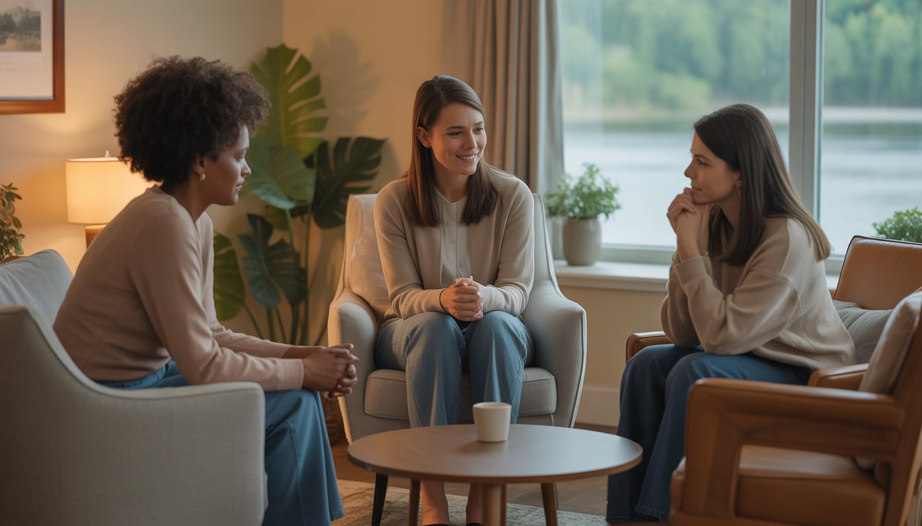 Three people in a therapy session in a cozy room with a window showing a lakeside view.