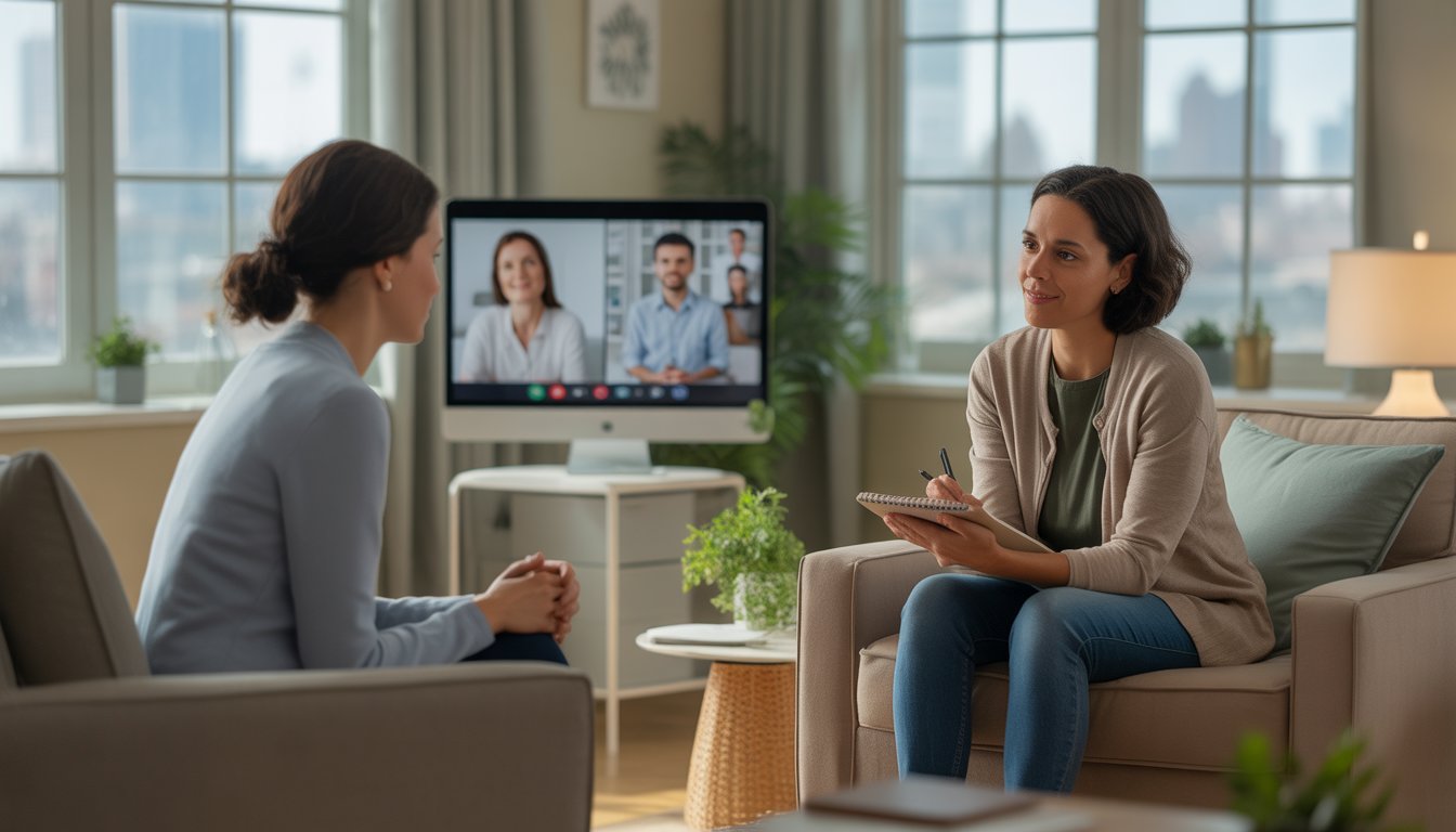 Therapist and client having a supportive conversation in a bright therapy office with a city view and a computer showing a telehealth session.