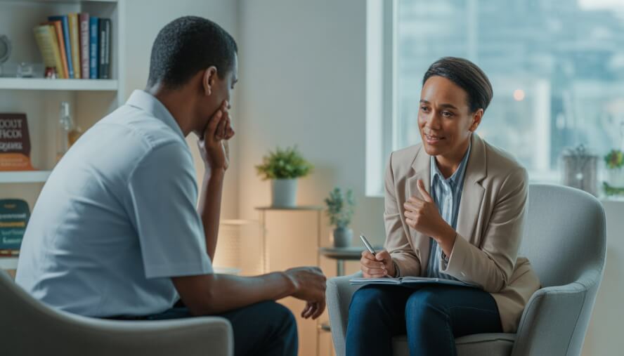 A therapist and client engaged in a counseling session in a bright, comfortable office.