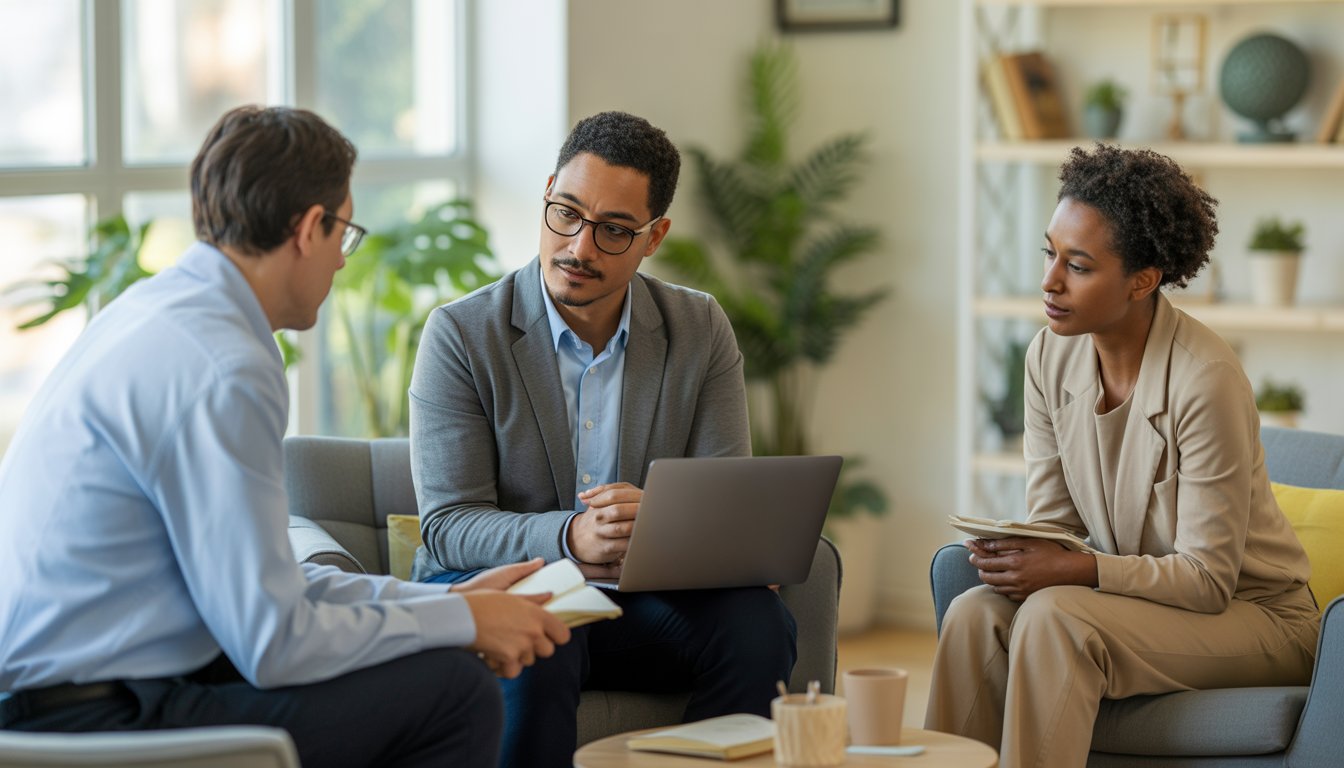 Two mental health professionals discussing patient care in a bright, comfortable therapy office with plants and books.