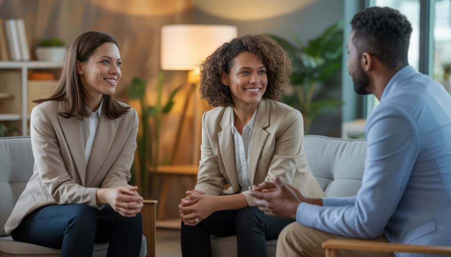 Three therapists having a supportive conversation in a bright, comfortable office.