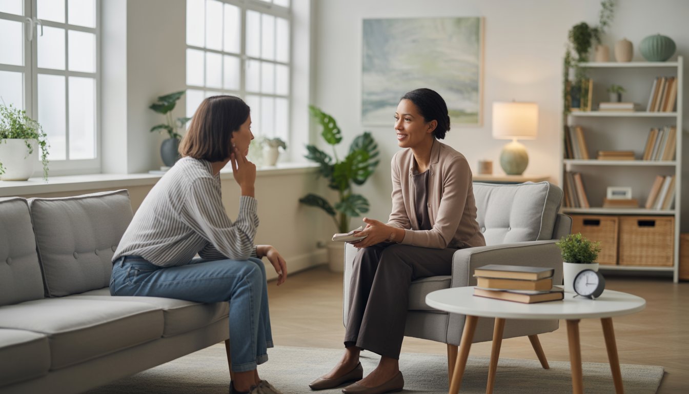 A therapist talking empathetically with a thoughtful adult client in a bright, modern therapy office.