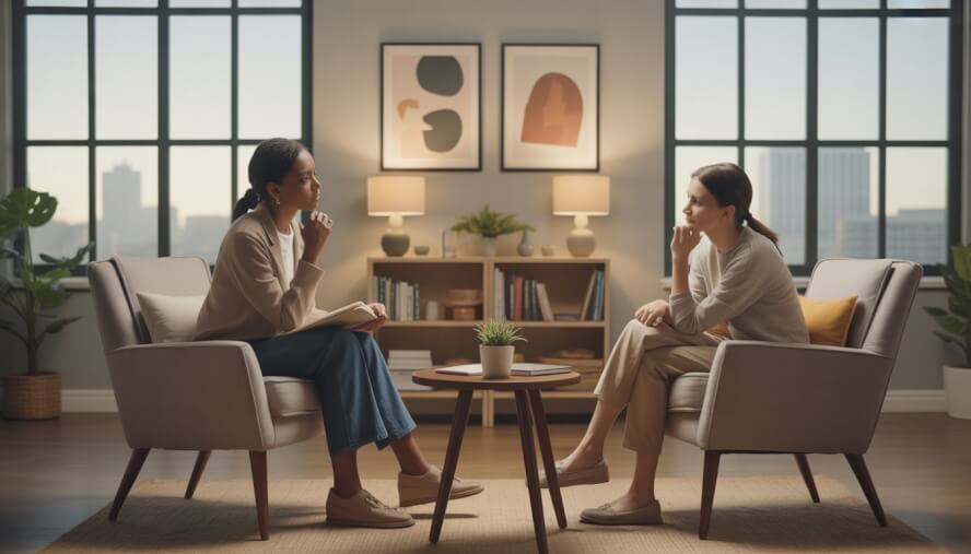 A therapist and a client are seated in a cozy therapy office with large windows showing a city view, engaged in a supportive conversation.