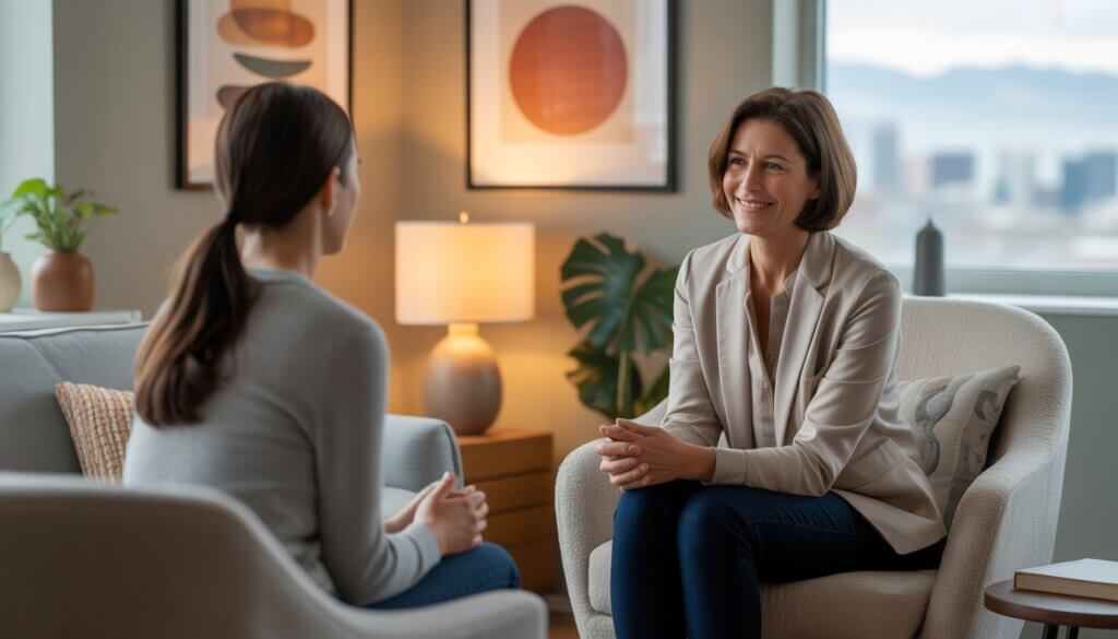 A therapist and client sitting in a comfortable therapy office with natural light and a view of Denver mountains in the background.