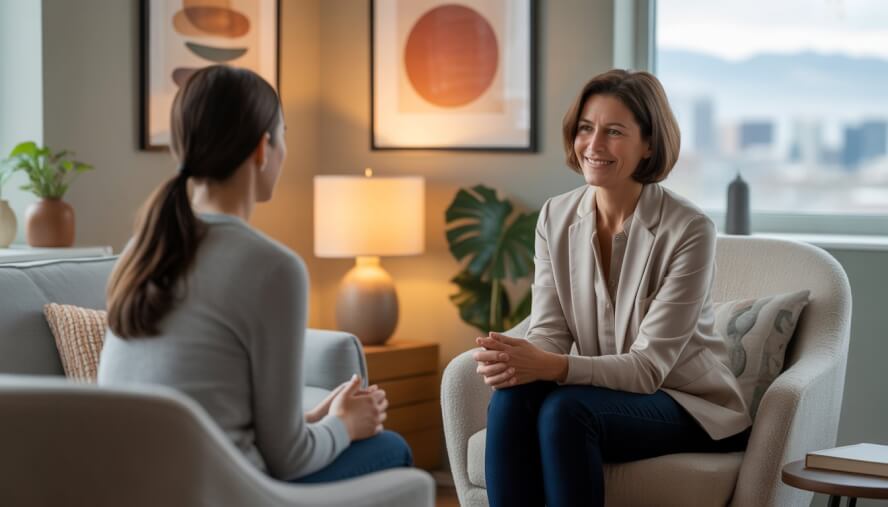 A therapist and client sitting in a comfortable therapy office with natural light and a view of Denver mountains in the background.