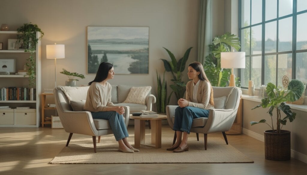 A therapist and client having a supportive conversation in a bright, comfortable therapy office with plants and books.