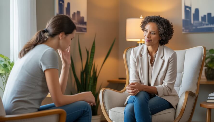 A therapist attentively listening to a young woman in a comfortable therapy office with warm lighting and plants.