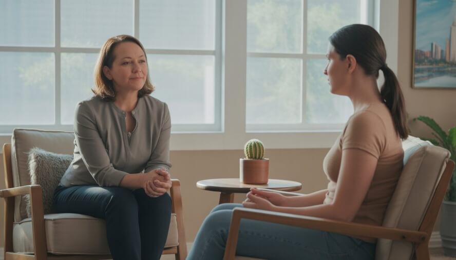 A therapist attentively listening to a client during a therapy session in a bright, comfortable office.