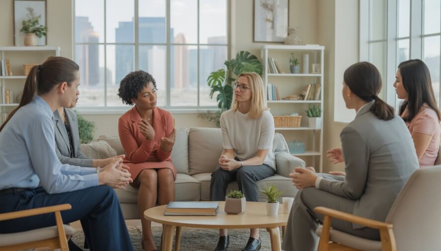 Therapists in a bright, modern office talking supportively with a client, with a view of the Las Vegas skyline through large windows.