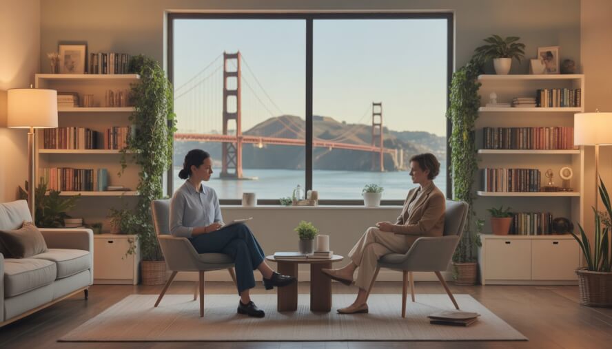 A therapist and a client in a comfortable therapy office with a view of the San Francisco skyline through a large window.