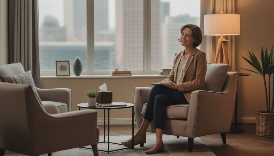 A therapist sitting in a comfortable office with a window showing a city view, creating a calm and supportive environment.
