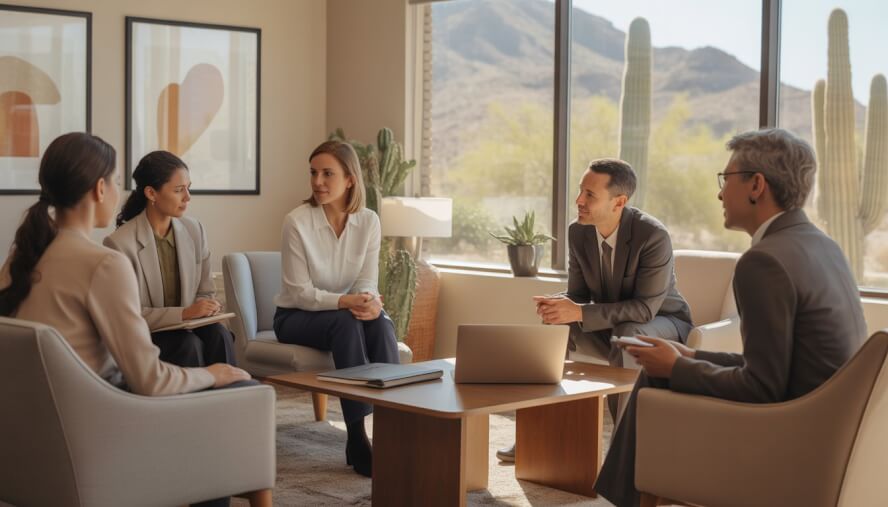 A diverse group of therapists talking compassionately with a client in a bright, modern therapy office with desert plants visible outside.