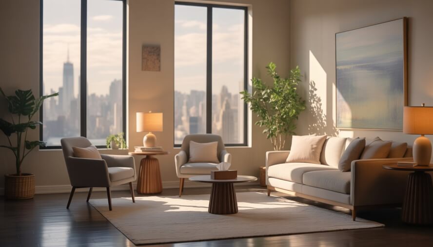 A calm and inviting therapy room with two chairs, a small table with tissues, a plant, and large windows showing a New York cityscape.