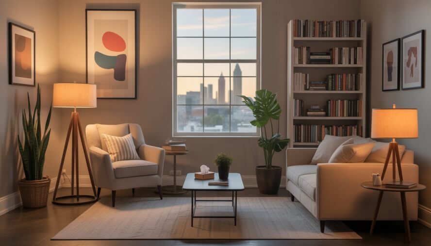 A calm therapy office with comfortable chairs, a coffee table, plants, and a window showing Atlanta skyline in the background.