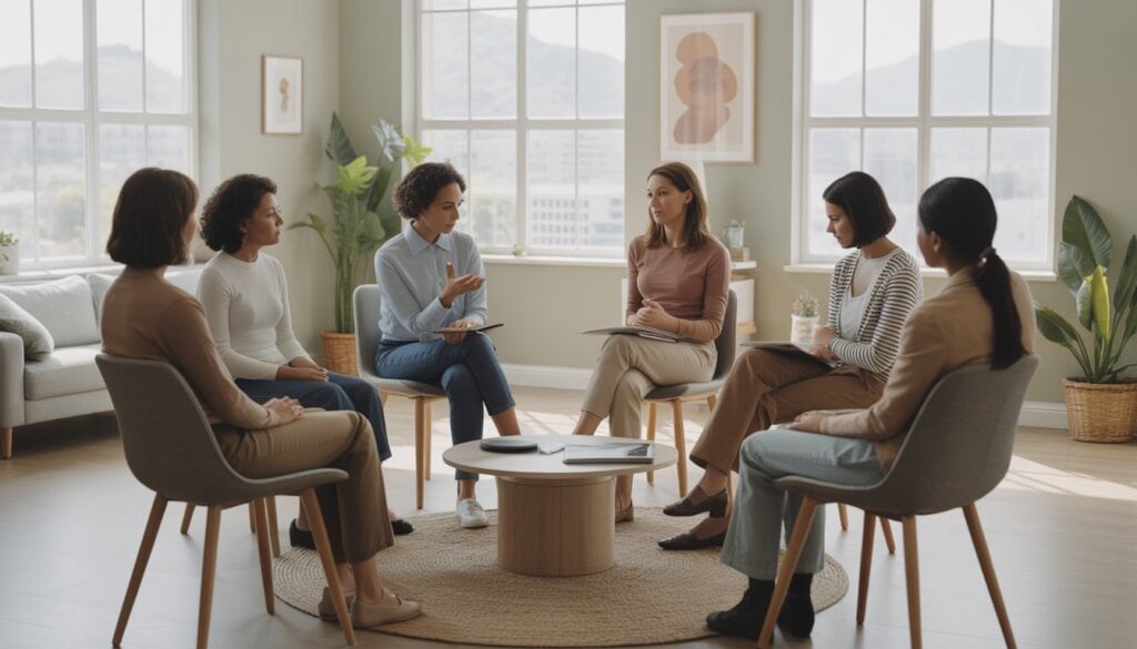 A diverse group of adults in a bright therapy office in San Jose, engaged in a supportive counseling session, with a therapist listening attentively.
