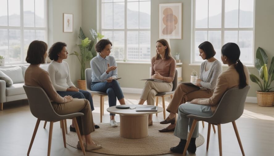 A diverse group of adults in a bright therapy office in San Jose, engaged in a supportive counseling session, with a therapist listening attentively.