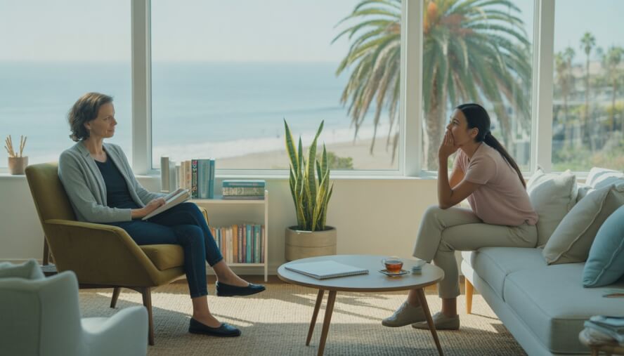 A therapist and a client seated in a bright therapy room with large windows showing palm trees and the Santa Monica coastline.