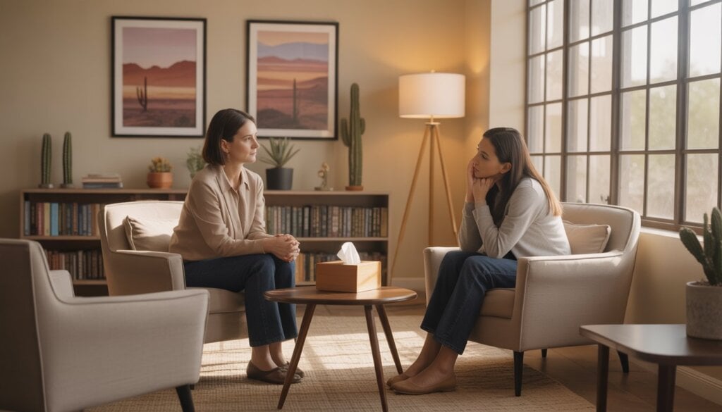 A female therapist attentively listening to a young woman in a bright, comfortable therapy office with desert-themed decor.