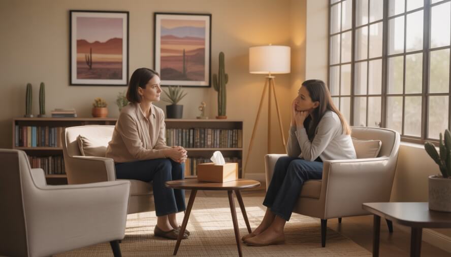 A female therapist attentively listening to a young woman in a bright, comfortable therapy office with desert-themed decor.