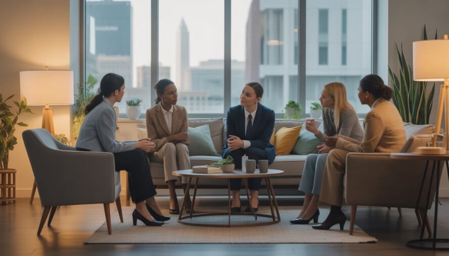 A group of therapists talking with a client in a comfortable therapy office with a view of Washington, DC.