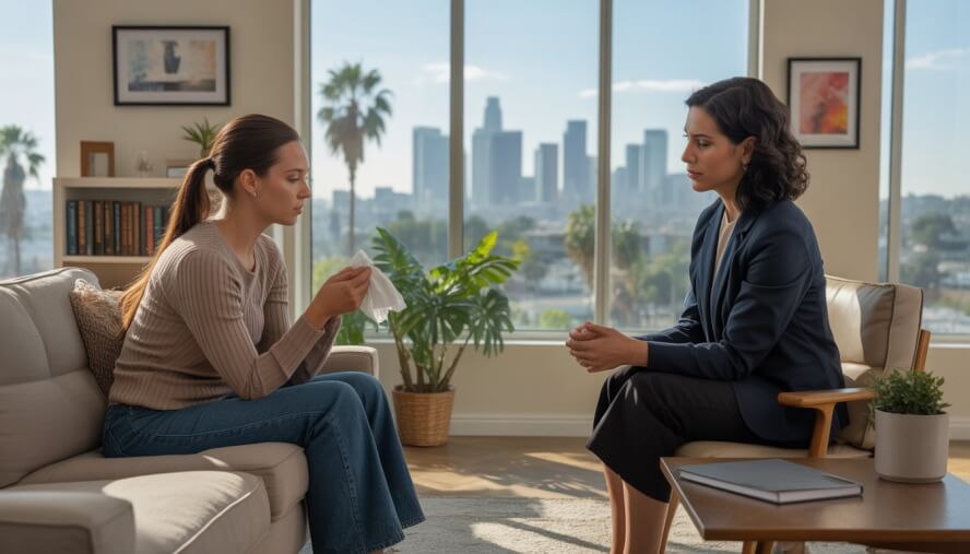A therapist attentively listening to a young woman in a bright office with a view of Los Angeles skyline and palm trees.