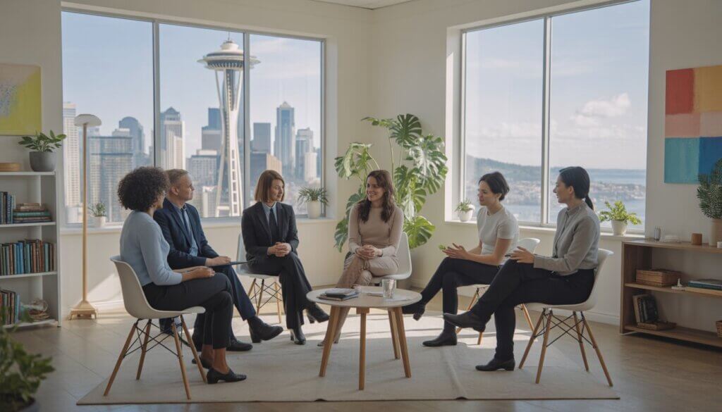 A group of therapists and a client having a supportive conversation in a bright therapy office with a view of the Seattle skyline.