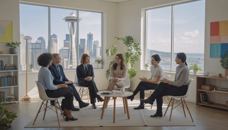 A group of therapists and a client having a supportive conversation in a bright therapy office with a view of the Seattle skyline.