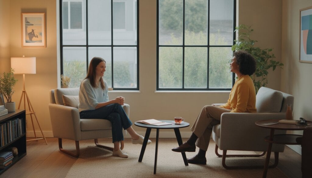 A therapist attentively listening to a client in a bright, comfortable therapy office with large windows showing greenery outside.