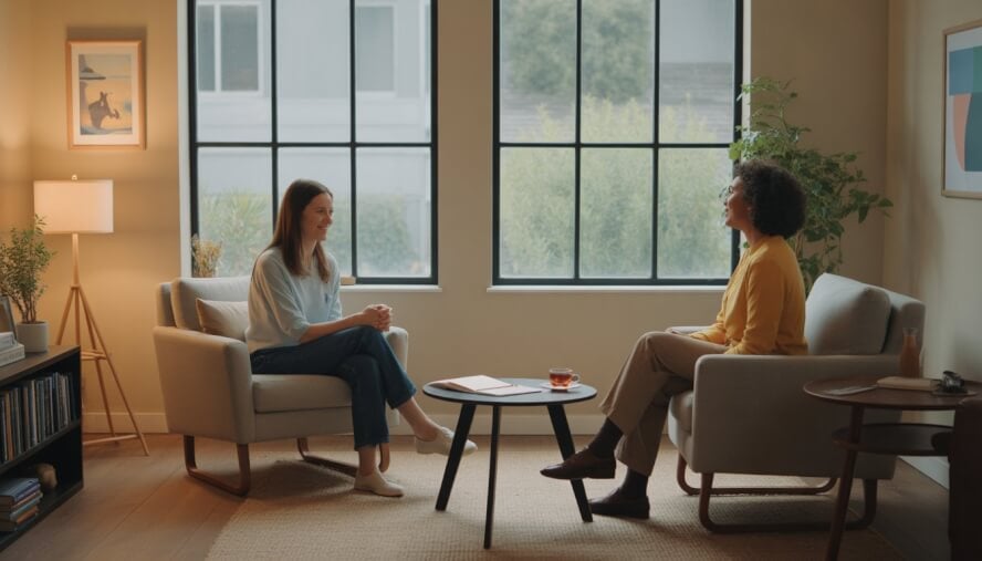 A therapist attentively listening to a client in a bright, comfortable therapy office with large windows showing greenery outside.