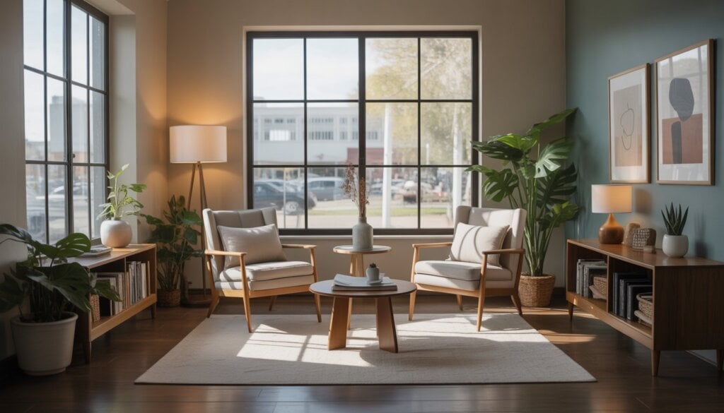 A cozy therapy office with two chairs and a coffee table near large windows showing a city view.