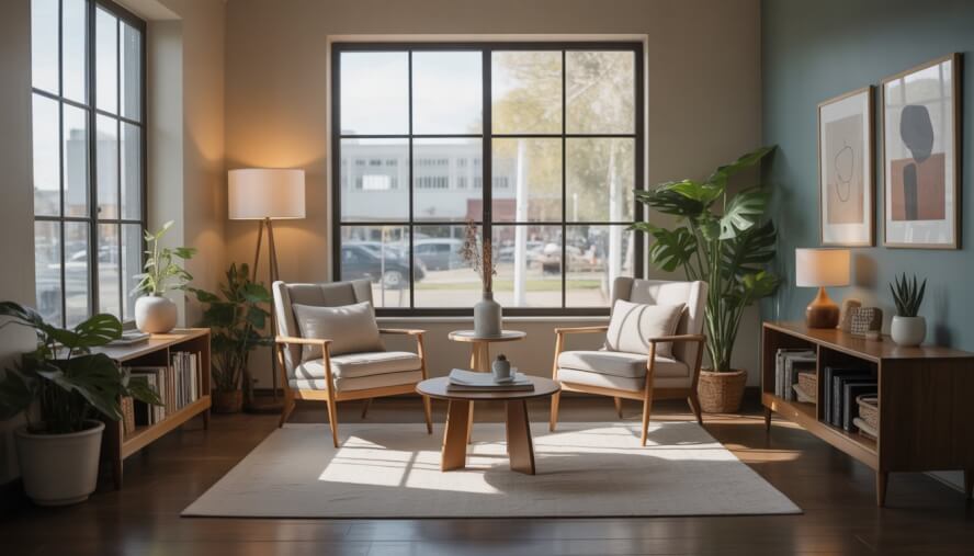 A cozy therapy office with two chairs and a coffee table near large windows showing a city view.
