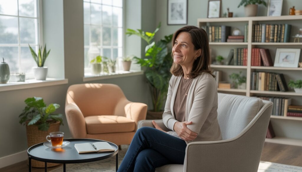 A therapist sitting in a bright, comfortable office with plants and bookshelves, creating a welcoming and supportive environment.