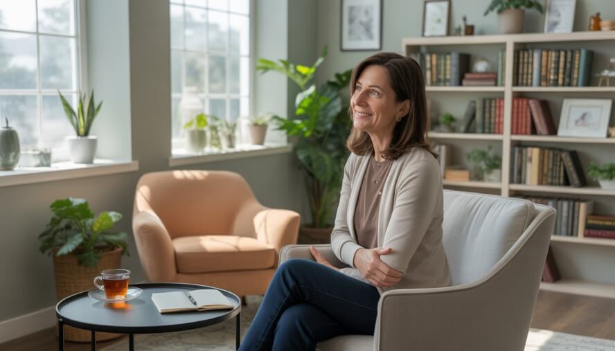 A therapist sitting in a bright, comfortable office with plants and bookshelves, creating a welcoming and supportive environment.