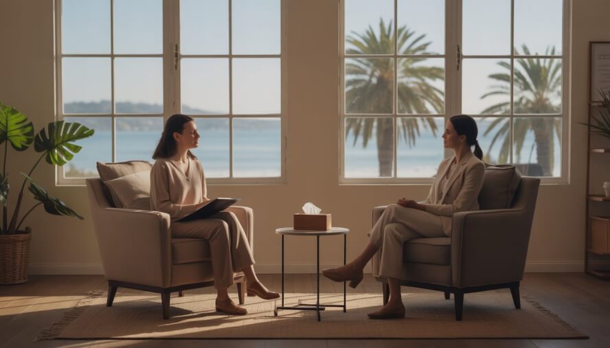 A therapist and client having a supportive conversation in a calm therapy office with a view of palm trees and the Santa Monica coastline.