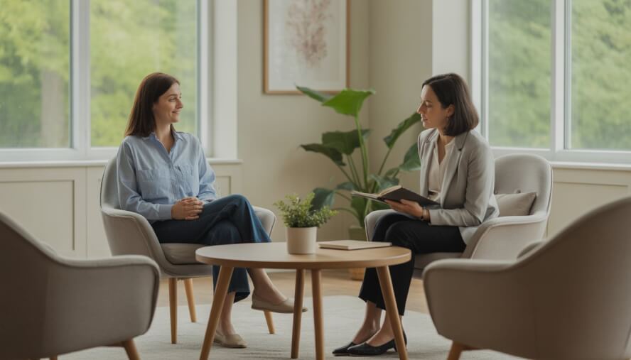 A therapist attentively listening to a client in a bright, comfortable therapy office with large windows and greenery outside.