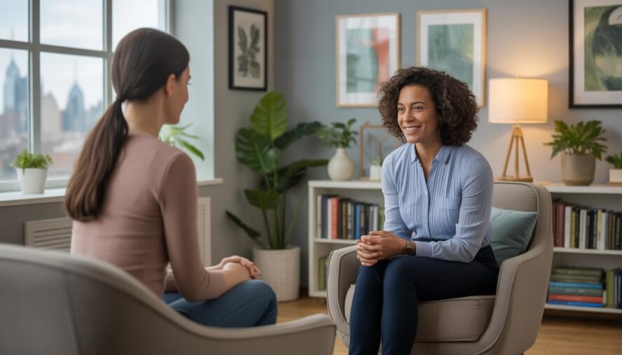 A therapist attentively listening to a client in a comfortable therapy office with a window showing a city view.
