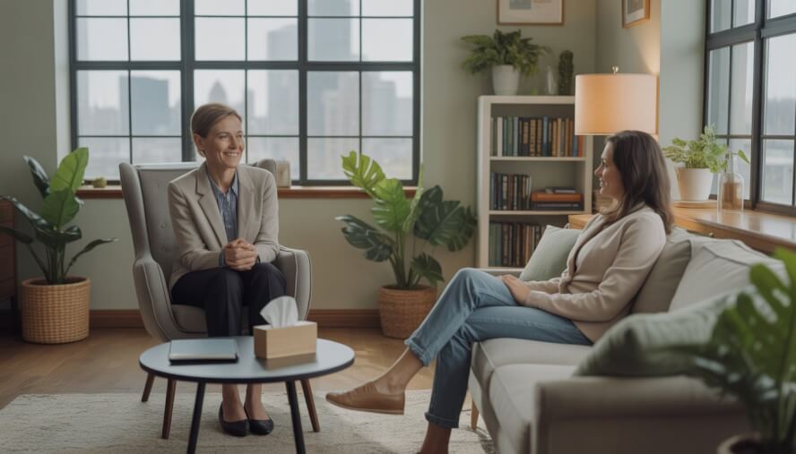 A therapist and client sitting in a bright, comfortable therapy office with a view of Minneapolis in the background.