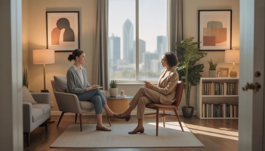 A female therapist attentively listening to a young woman in a comfortable therapy office with warm lighting and a view of Charlotte city skyline.