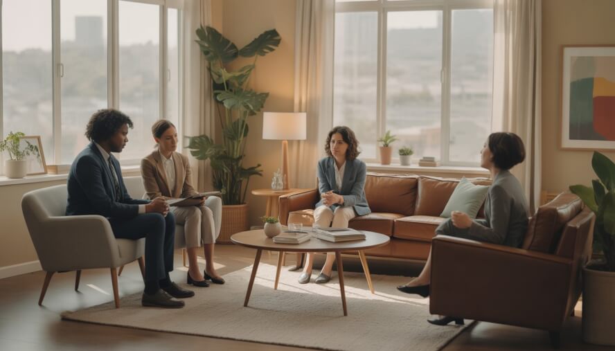 A therapist talking with a client in a comfortable, well-lit therapy office with a view of Oakland city in the background.