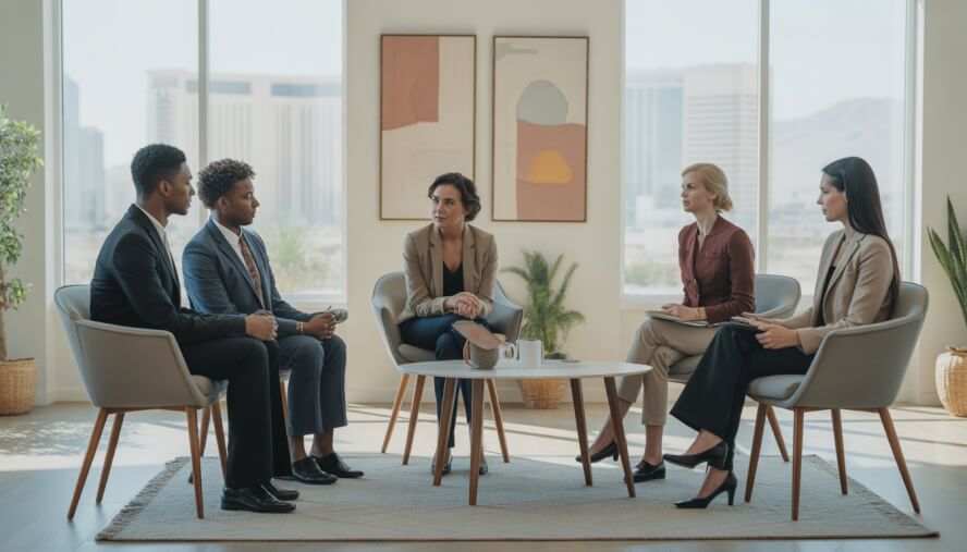 Therapists talking with a client in a bright, modern therapy office with a view of the Las Vegas skyline.