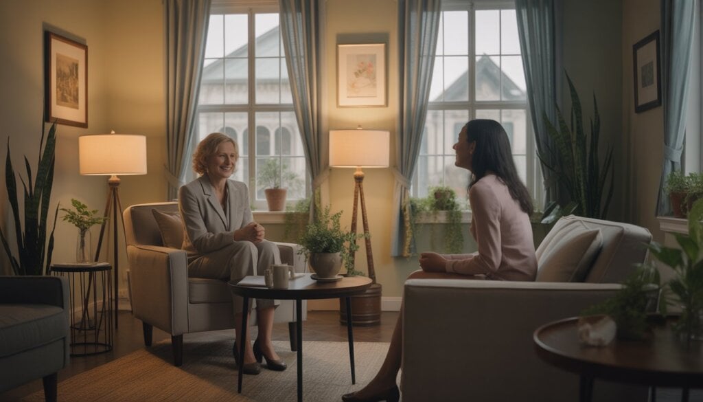 A therapist attentively listening to a client in a warm, softly lit therapy office with plants and a window showing New Orleans architecture.