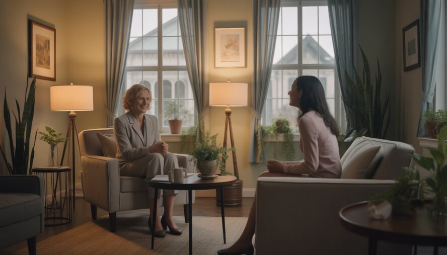 A therapist attentively listening to a client in a warm, softly lit therapy office with plants and a window showing New Orleans architecture.