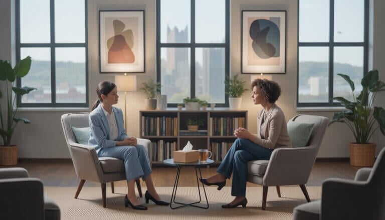 A female therapist attentively listening to a young woman in a bright, comfortable therapy office with plants and bookshelves, with a city view in the background.