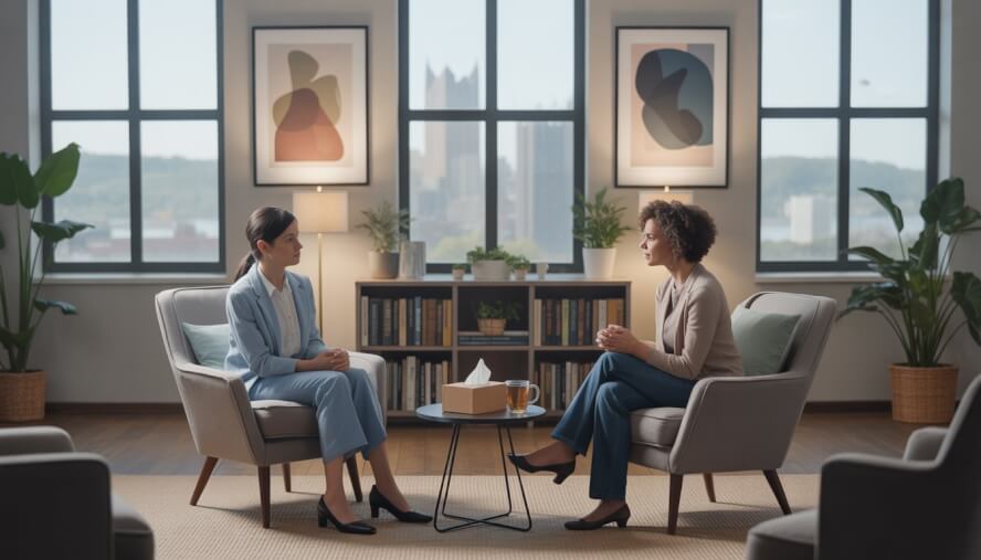 A female therapist attentively listening to a young woman in a bright, comfortable therapy office with plants and bookshelves, with a city view in the background.