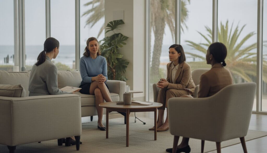 Therapists talking with a client in a bright, comfortable therapy office with a view of Long Beach outside.
