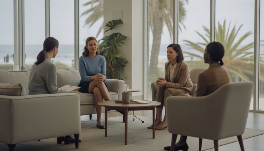 Therapists talking with a client in a bright, comfortable therapy office with a view of Long Beach outside.