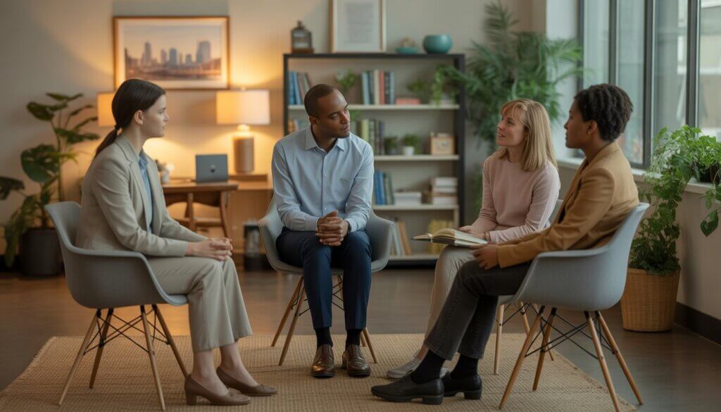 Three therapists and a client having a supportive conversation in a bright, comfortable therapy office with a view of Milwaukee through the window.