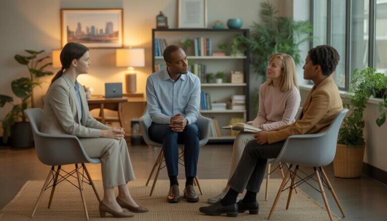 Three therapists and a client having a supportive conversation in a bright, comfortable therapy office with a view of Milwaukee through the window.