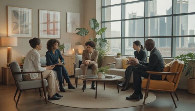 Therapists and a client having a supportive conversation in a bright, comfortable therapy office with large windows showing a city view.
